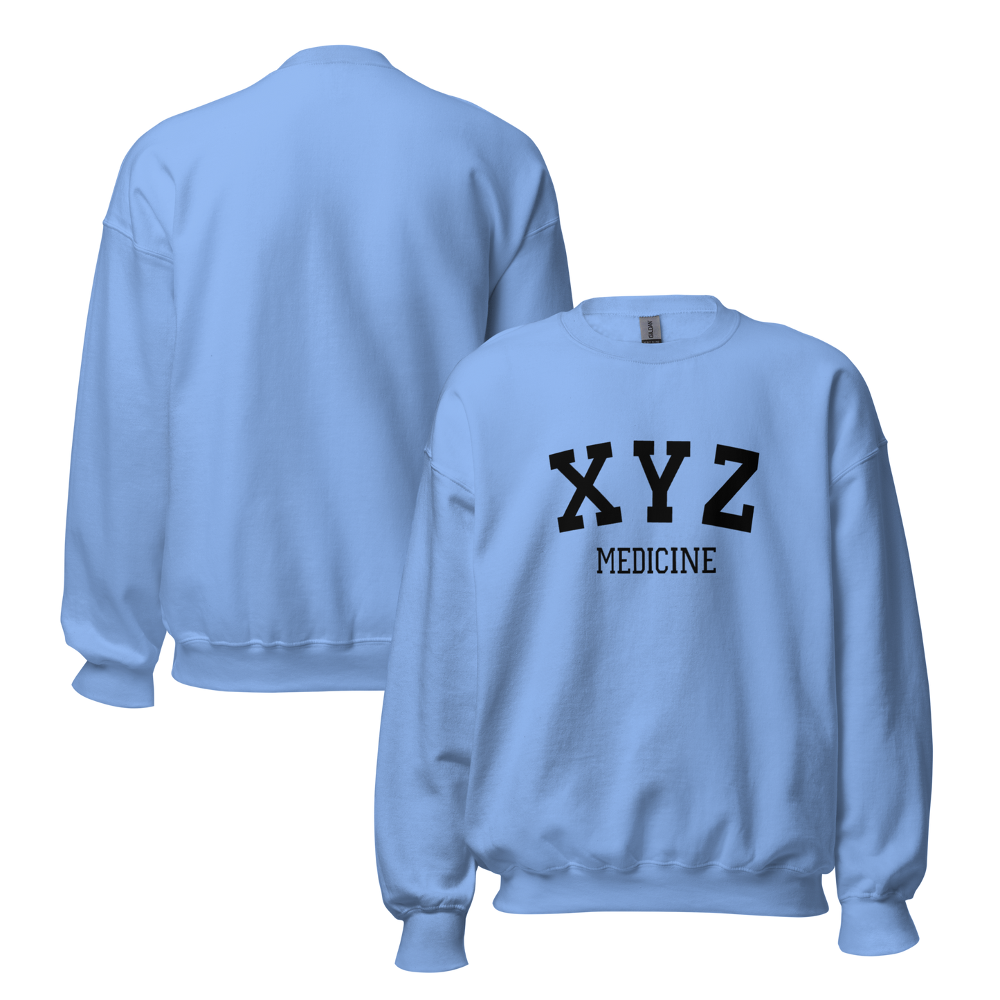 Light blue sweatshirt with 'XYZ MEDICINE' text on a white background