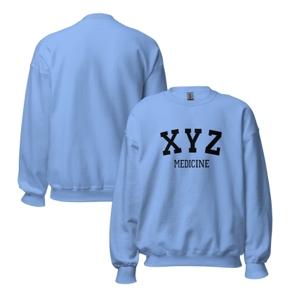 Light blue sweatshirt with 'XYZ MEDICINE' text on a white background