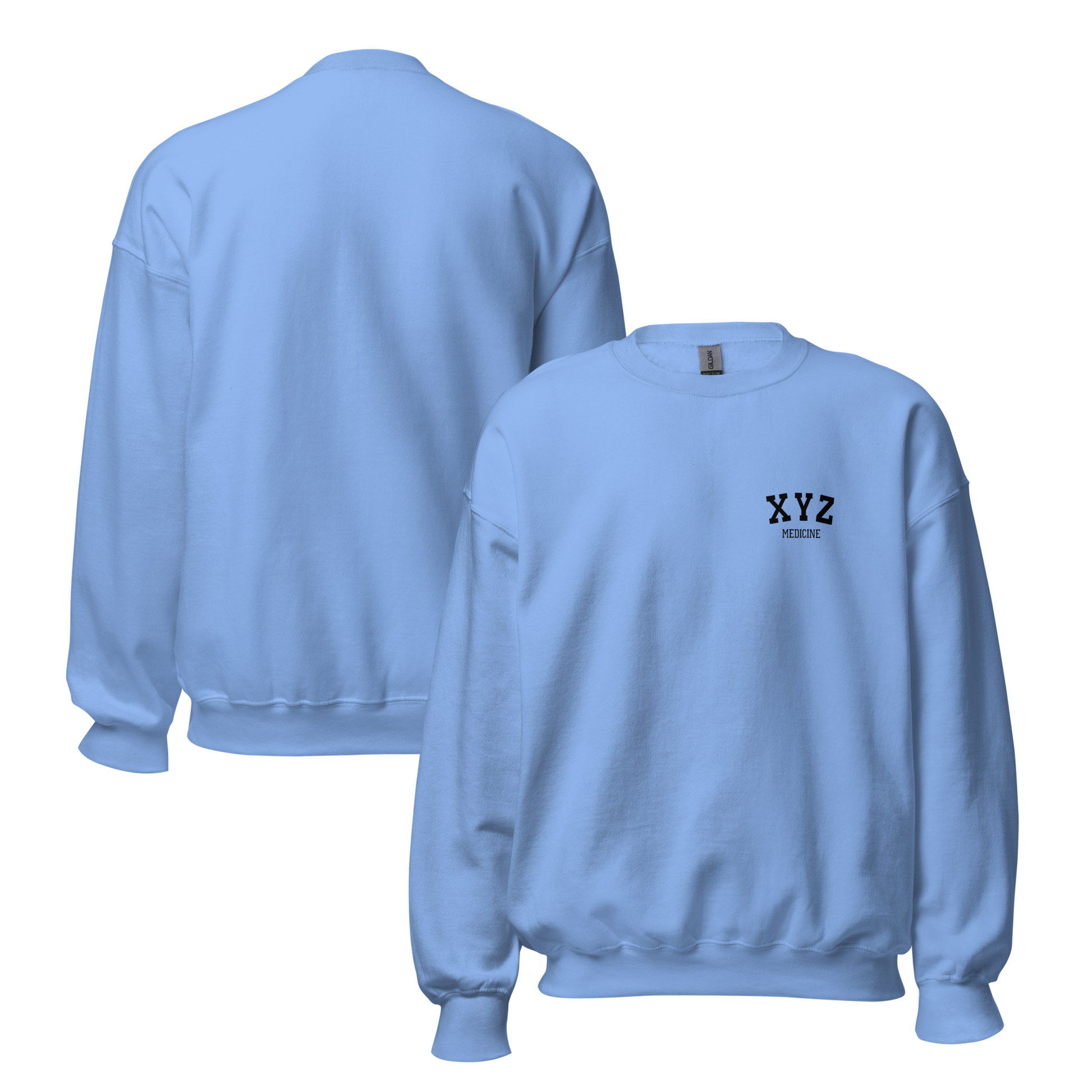 Light blue sweatshirt with 'XYZ' logo on a white background