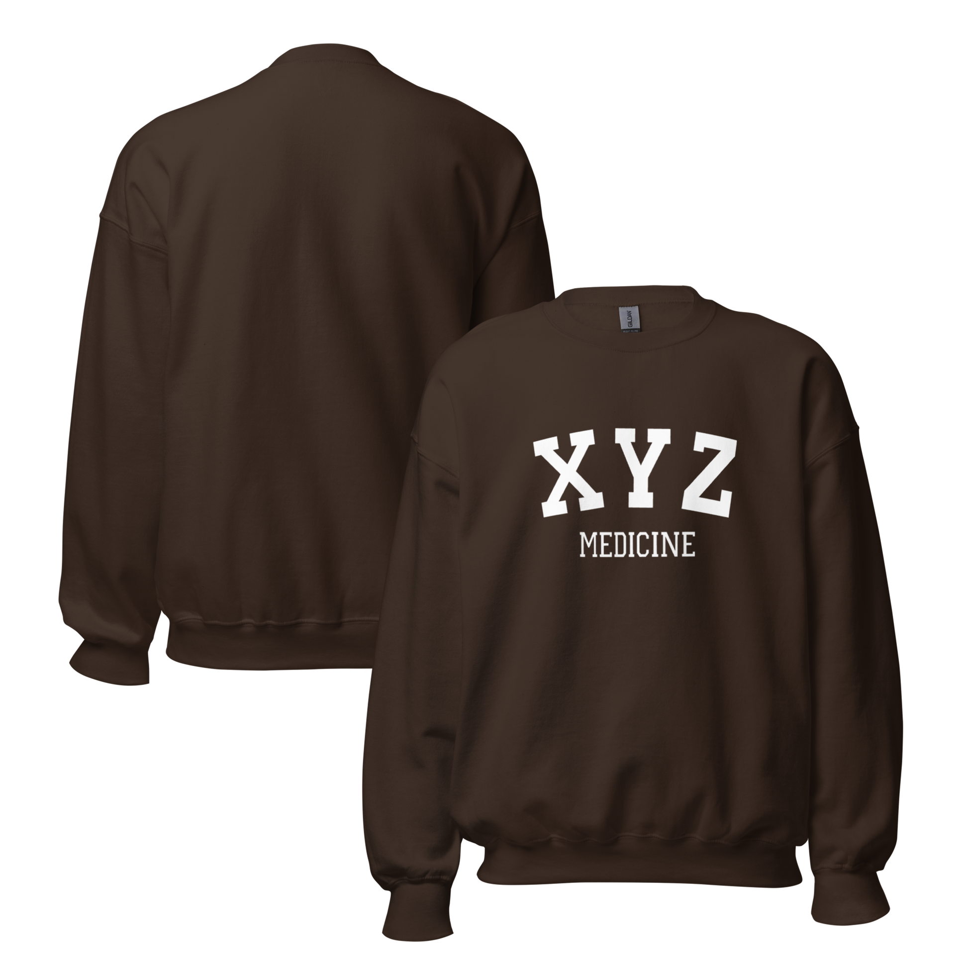 Brown sweatshirt with 'XYZ MEDICINE' text on a white background