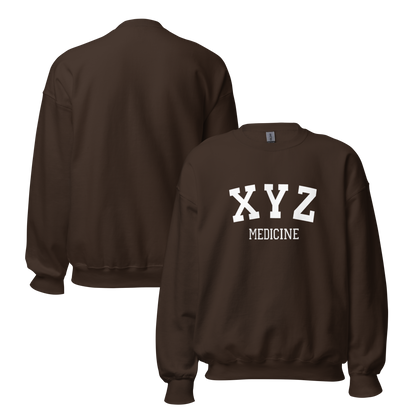 Brown sweatshirt with 'XYZ MEDICINE' text on a white background