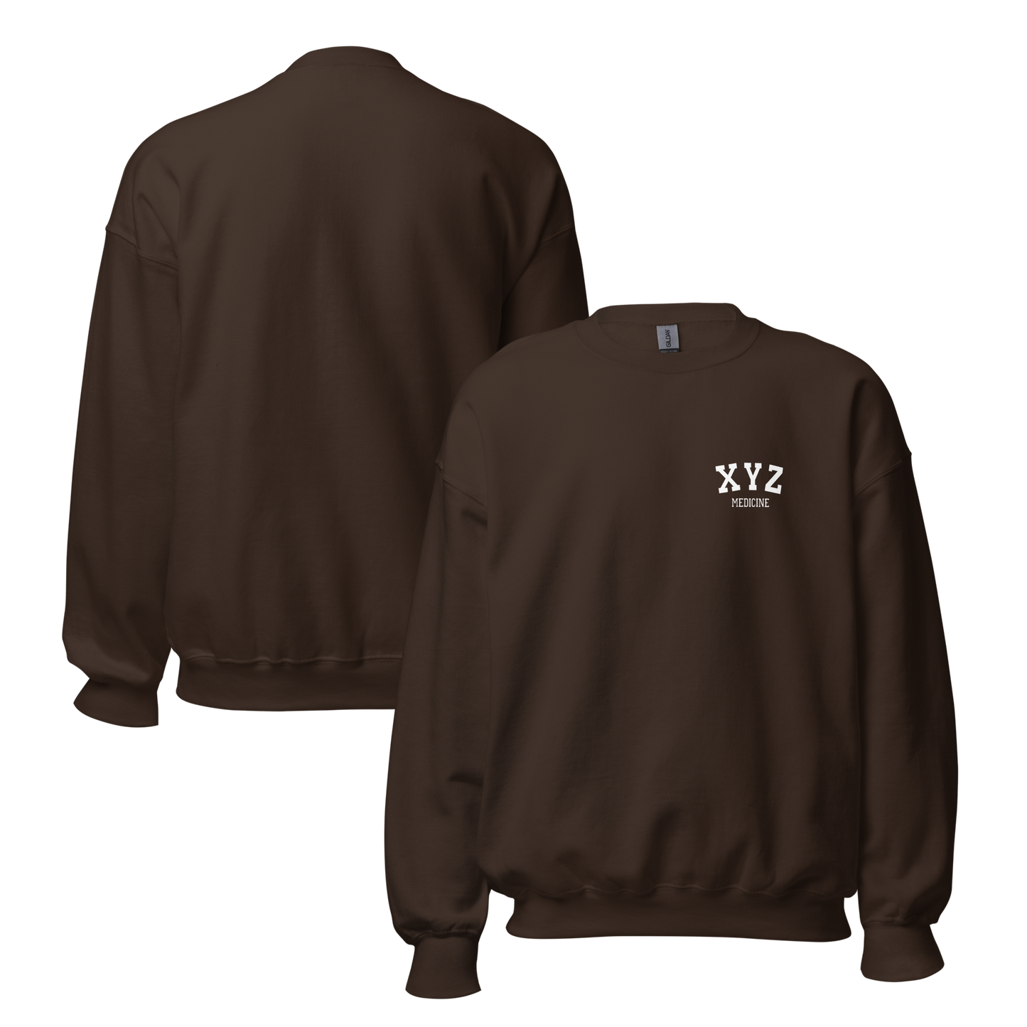 Brown sweatshirt with 'XYZ' logo on the chest, shown from front and back on a white background.