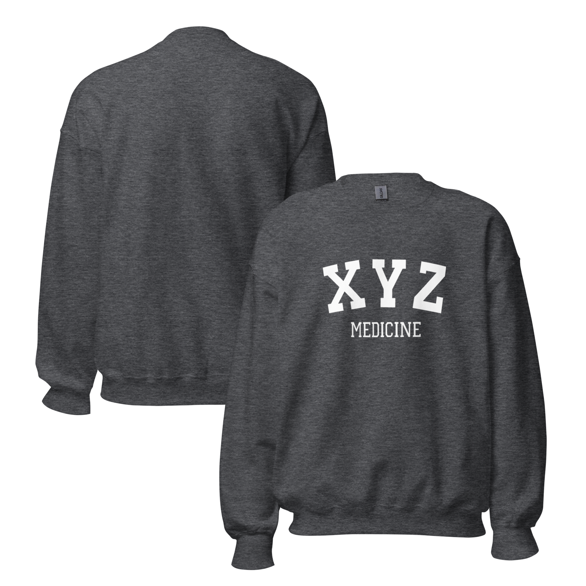 Dark gray sweatshirt with 'XYZ Medicine' text on the front, shown from front and back views.