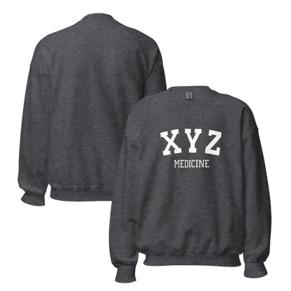 Dark gray sweatshirt with 'XYZ Medicine' text on the front, shown from front and back views.