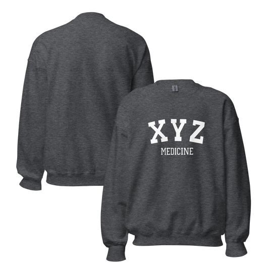Dark gray sweatshirt with 'XYZ Medicine' text on the front, shown from front and back views.