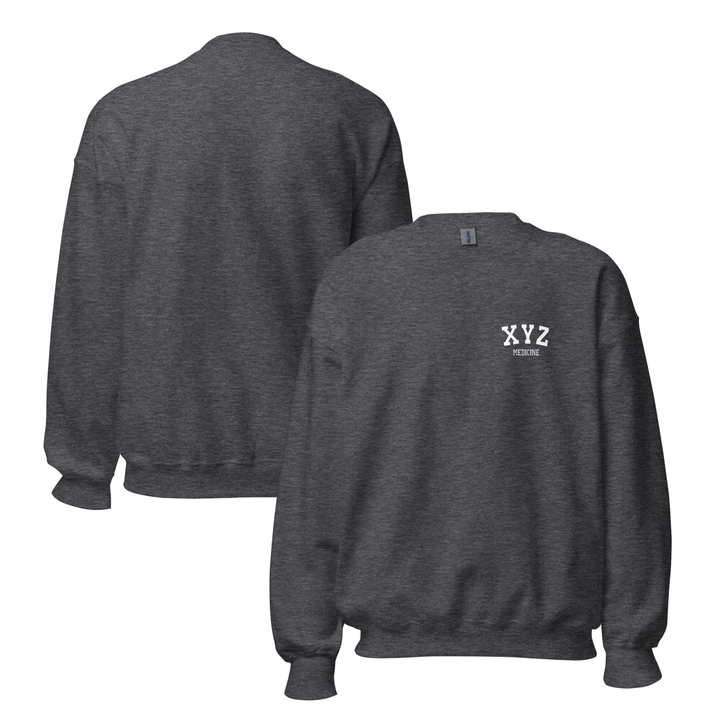 Dark gray sweatshirt with 'XYZ' logo on the back, shown from front and back views.