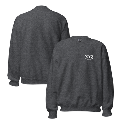 Dark gray sweatshirt with 'XYZ' logo on the back, shown from front and back views.