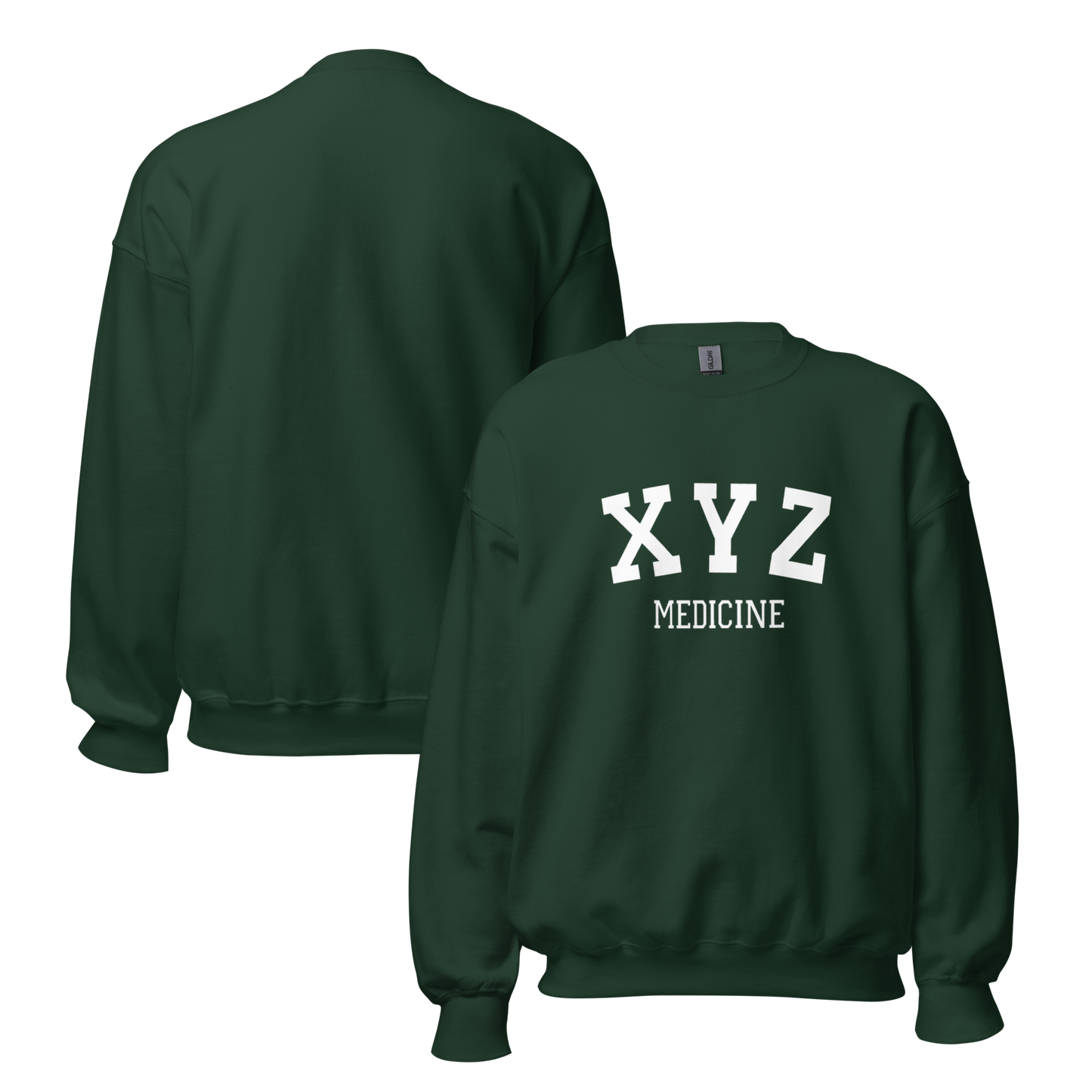 Green sweatshirt with 'XYZ MEDICINE' text on a white background