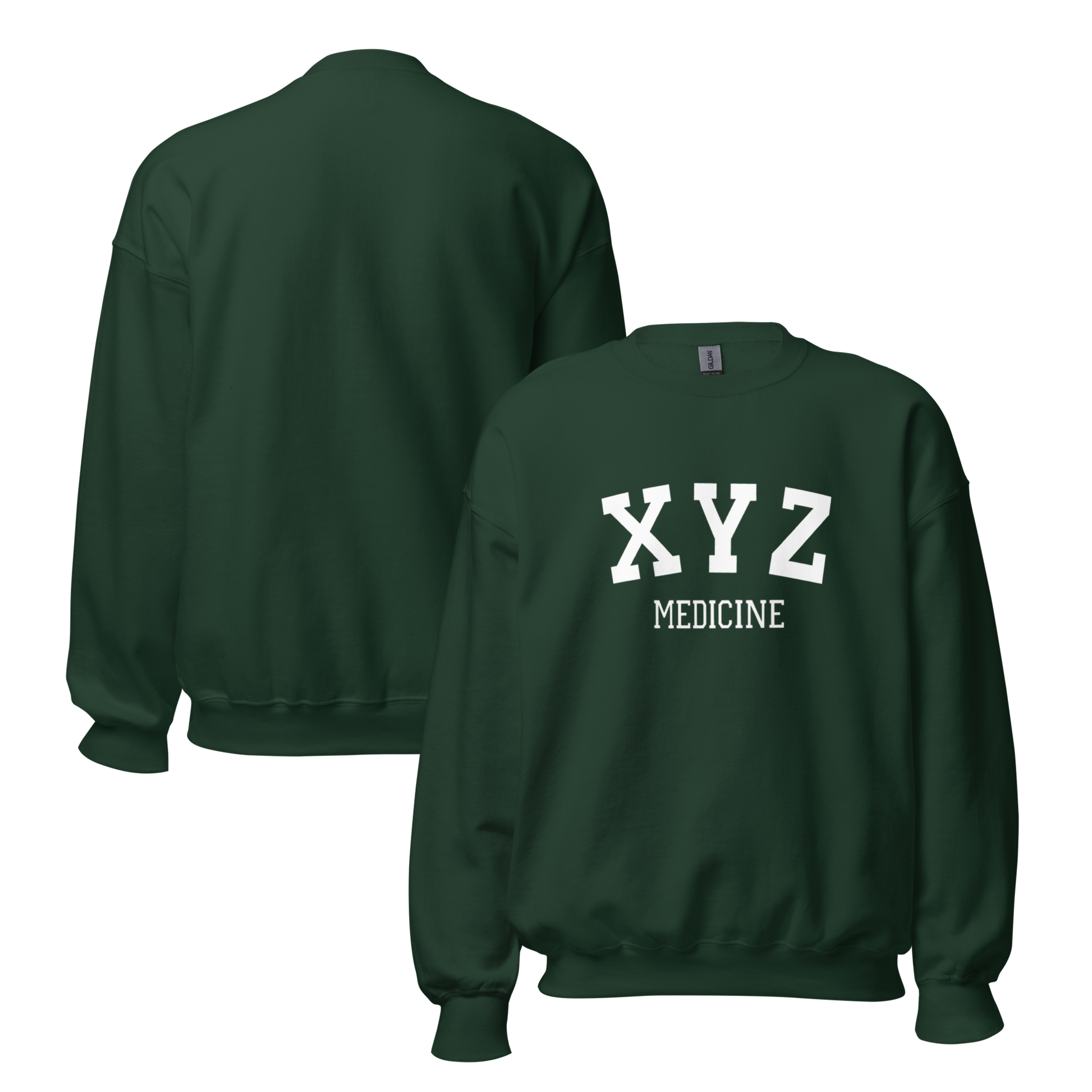 Green sweatshirt with 'XYZ MEDICINE' text on a white background