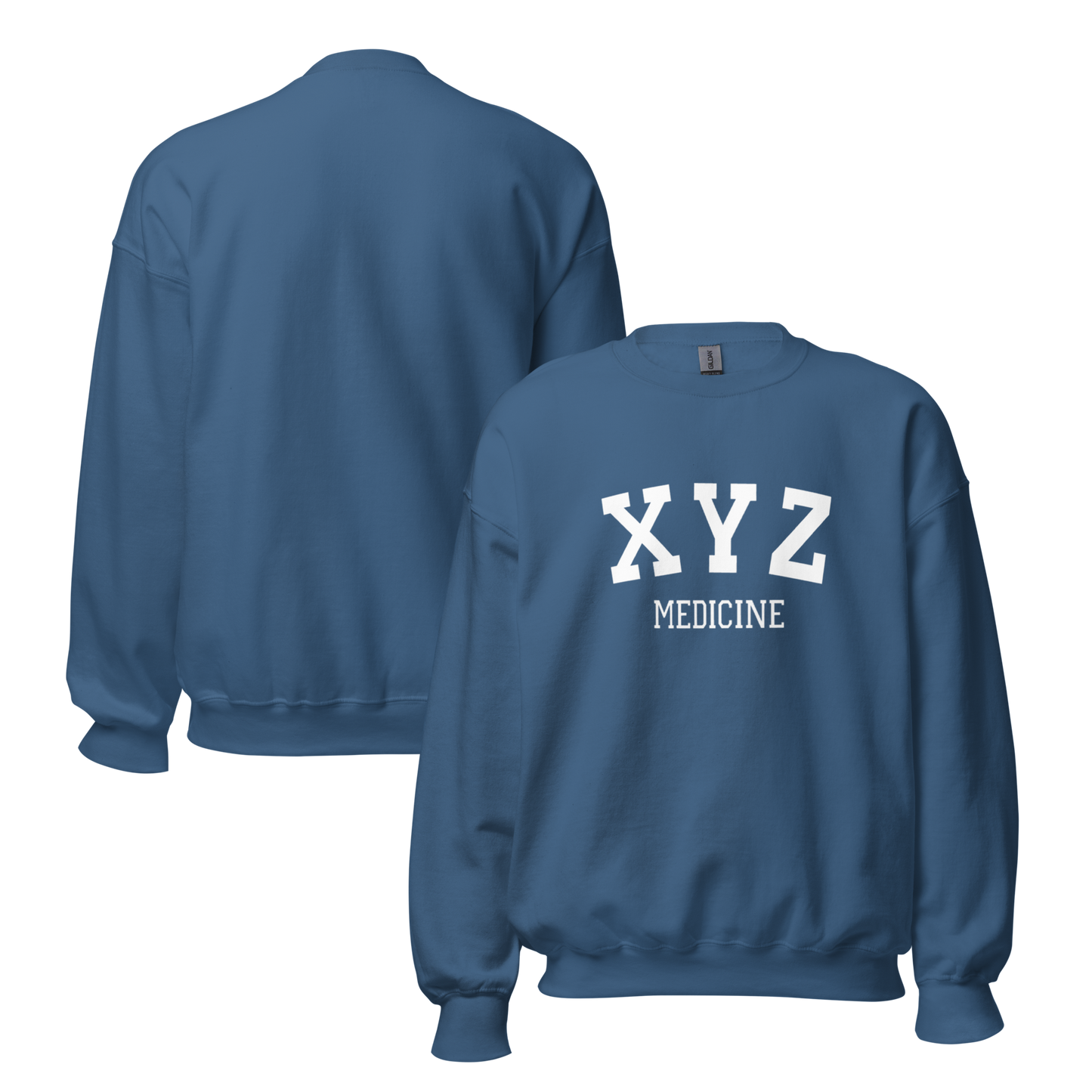 Blue sweatshirt with 'XYZ MEDICINE' text on a white background