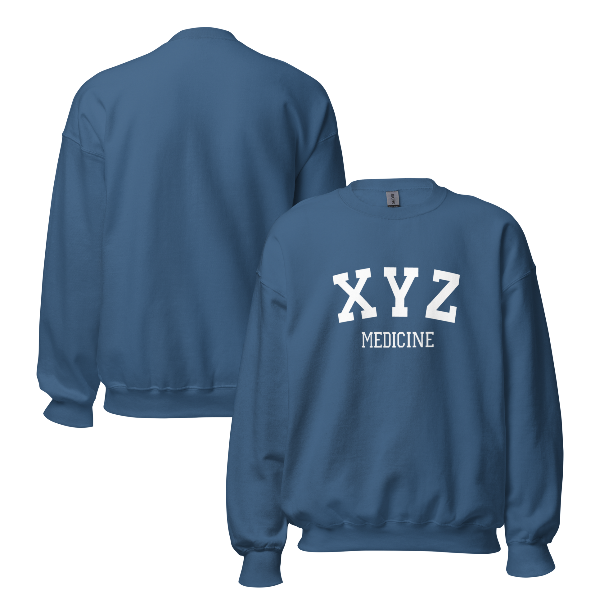 Blue sweatshirt with 'XYZ MEDICINE' text on a white background
