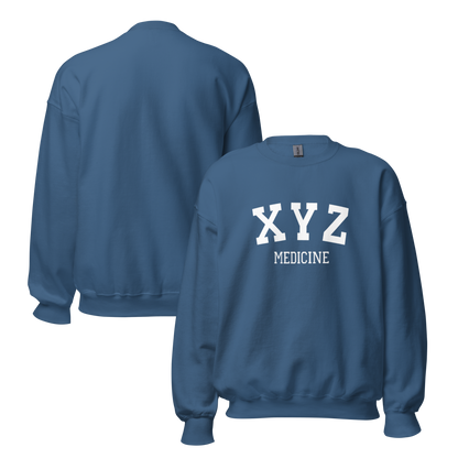 Blue sweatshirt with 'XYZ MEDICINE' text on a white background