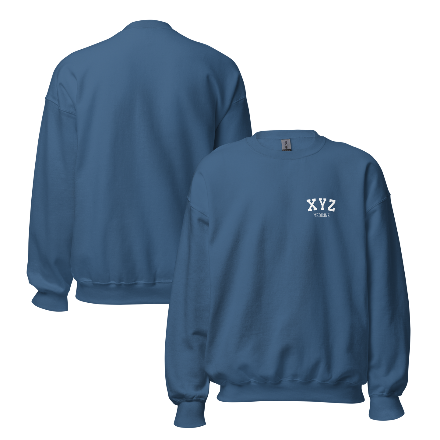 Blue sweatshirt with 'XYZ' logo on the chest, shown from front and back on a white background.