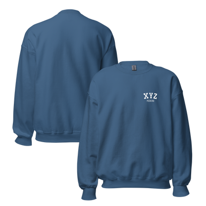 Blue sweatshirt with 'XYZ' logo on the chest, shown from front and back on a white background.