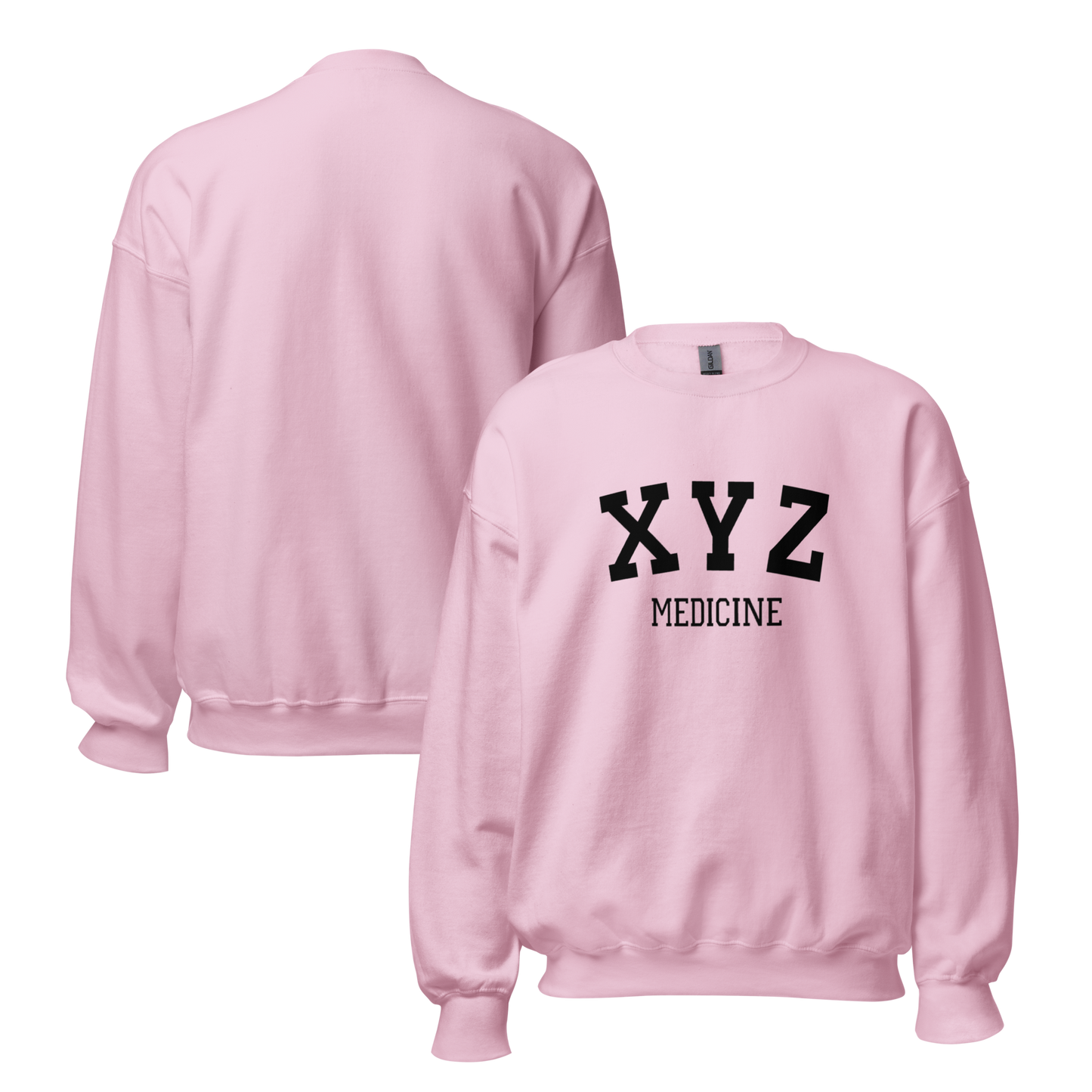 Pink sweatshirt with 'XYZ Medicine' text on a white background