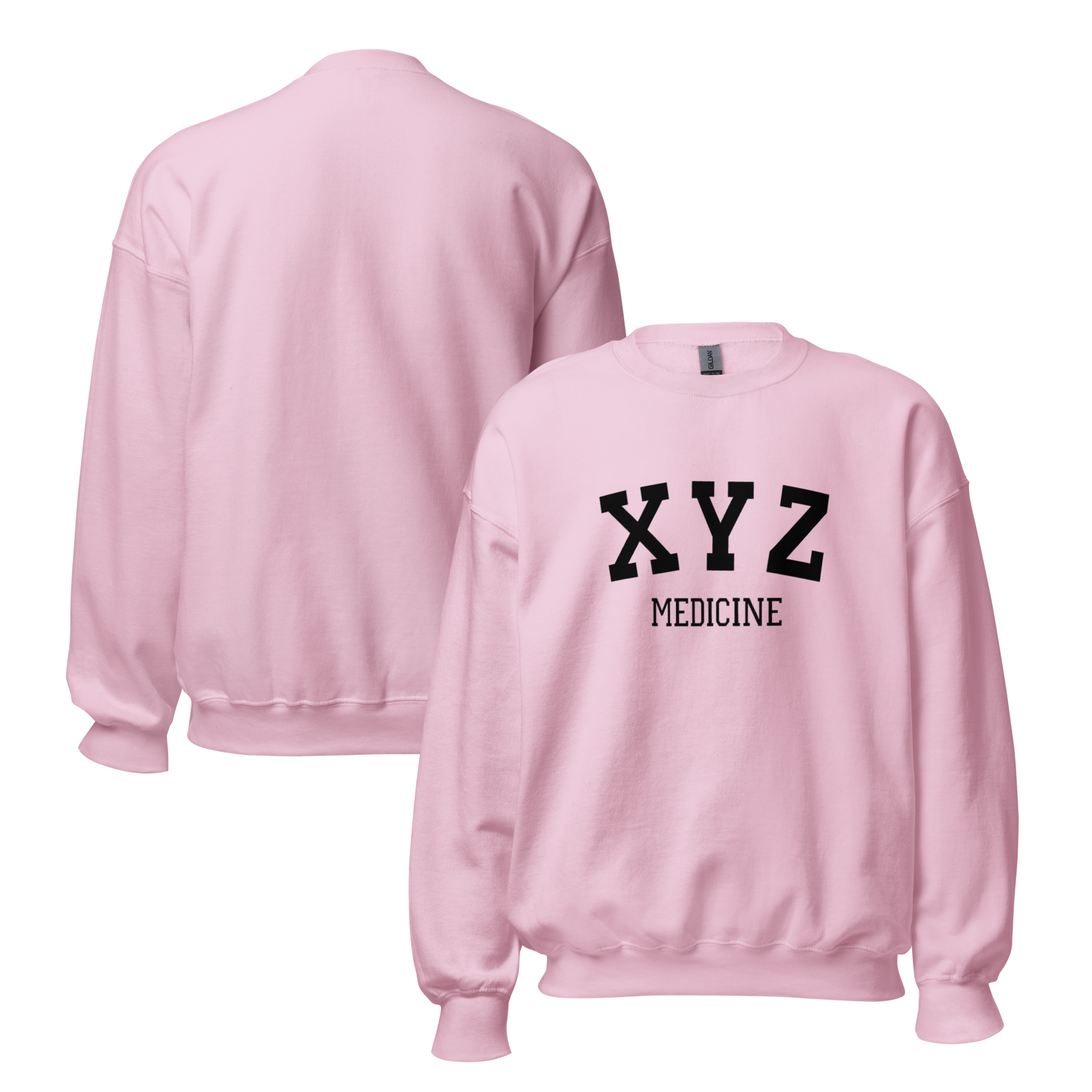 Pink sweatshirt with 'XYZ Medicine' text on a white background