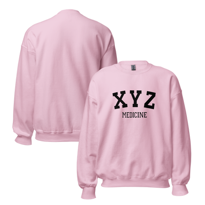 Pink sweatshirt with 'XYZ Medicine' text on a white background