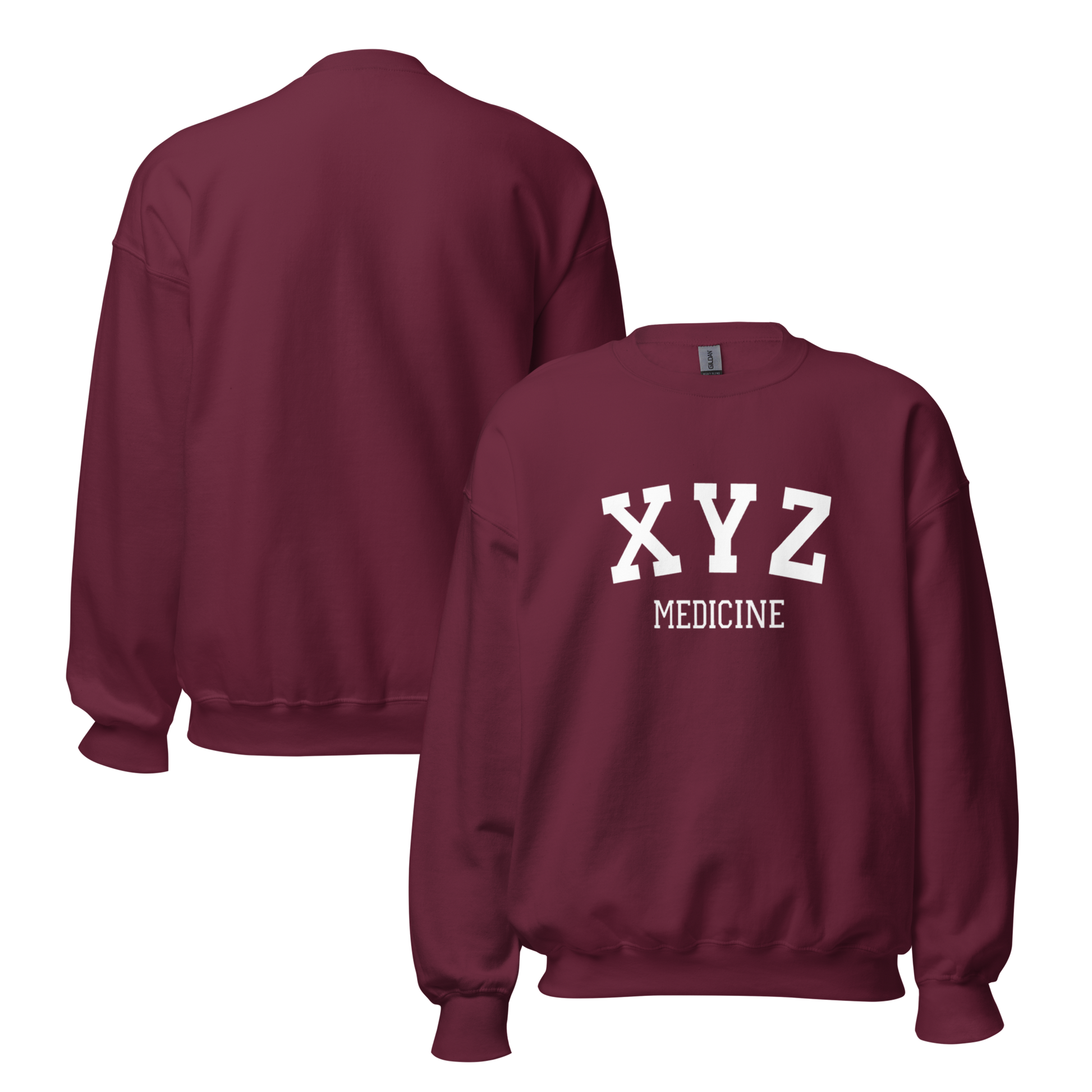 Maroon sweatshirt with 'XYZ MEDICINE' text on a white background
