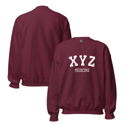 Maroon sweatshirt with 'XYZ MEDICINE' text on a white background