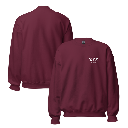 Maroon sweatshirt with 'XYZ' logo on a white background