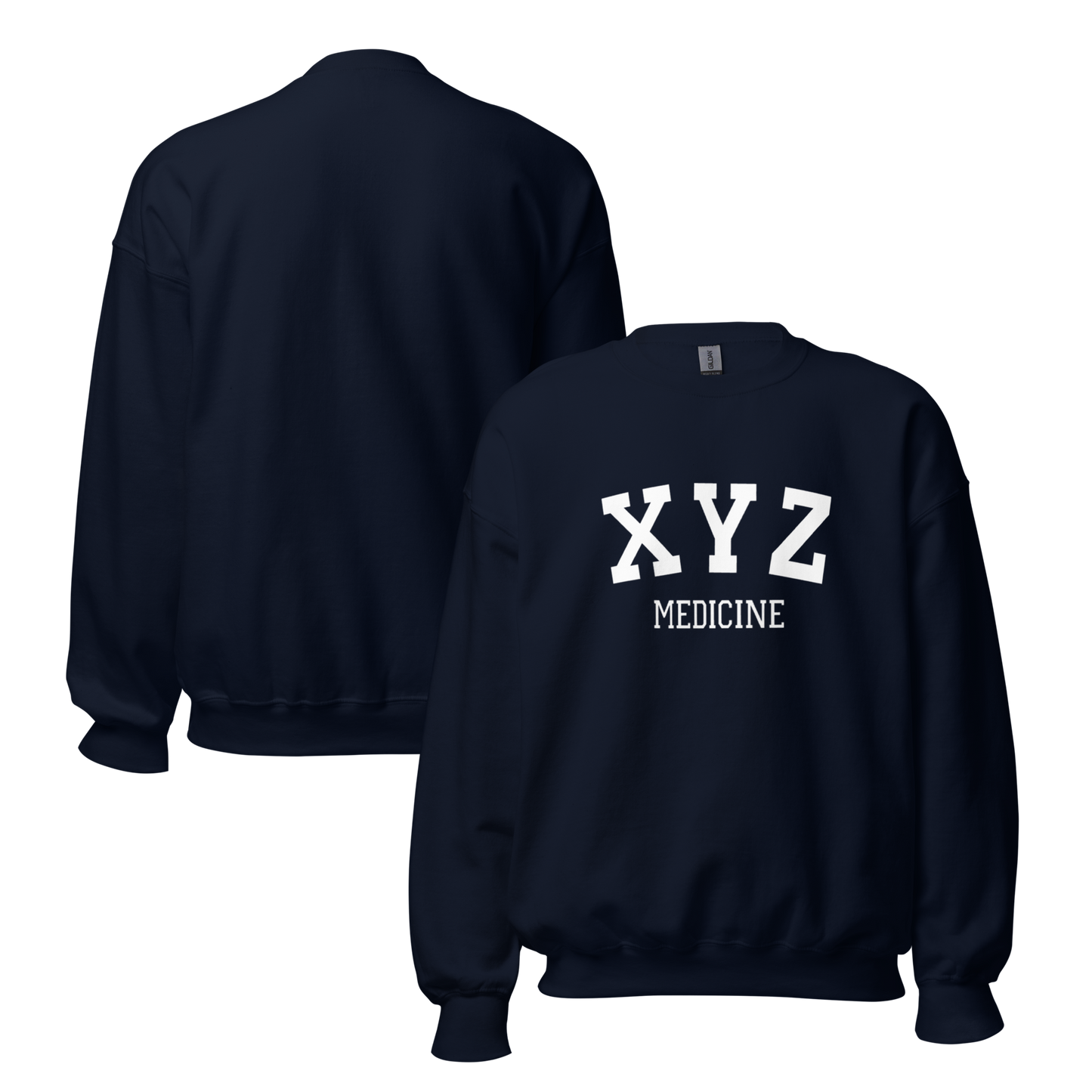 Navy blue sweatshirt with 'XYZ Medicine' text on a white background