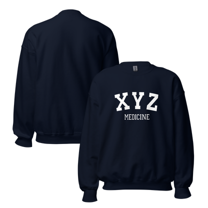 Navy blue sweatshirt with 'XYZ Medicine' text on a white background