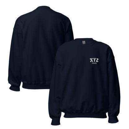 Navy blue sweatshirt with 'XYZ' logo on a white background
