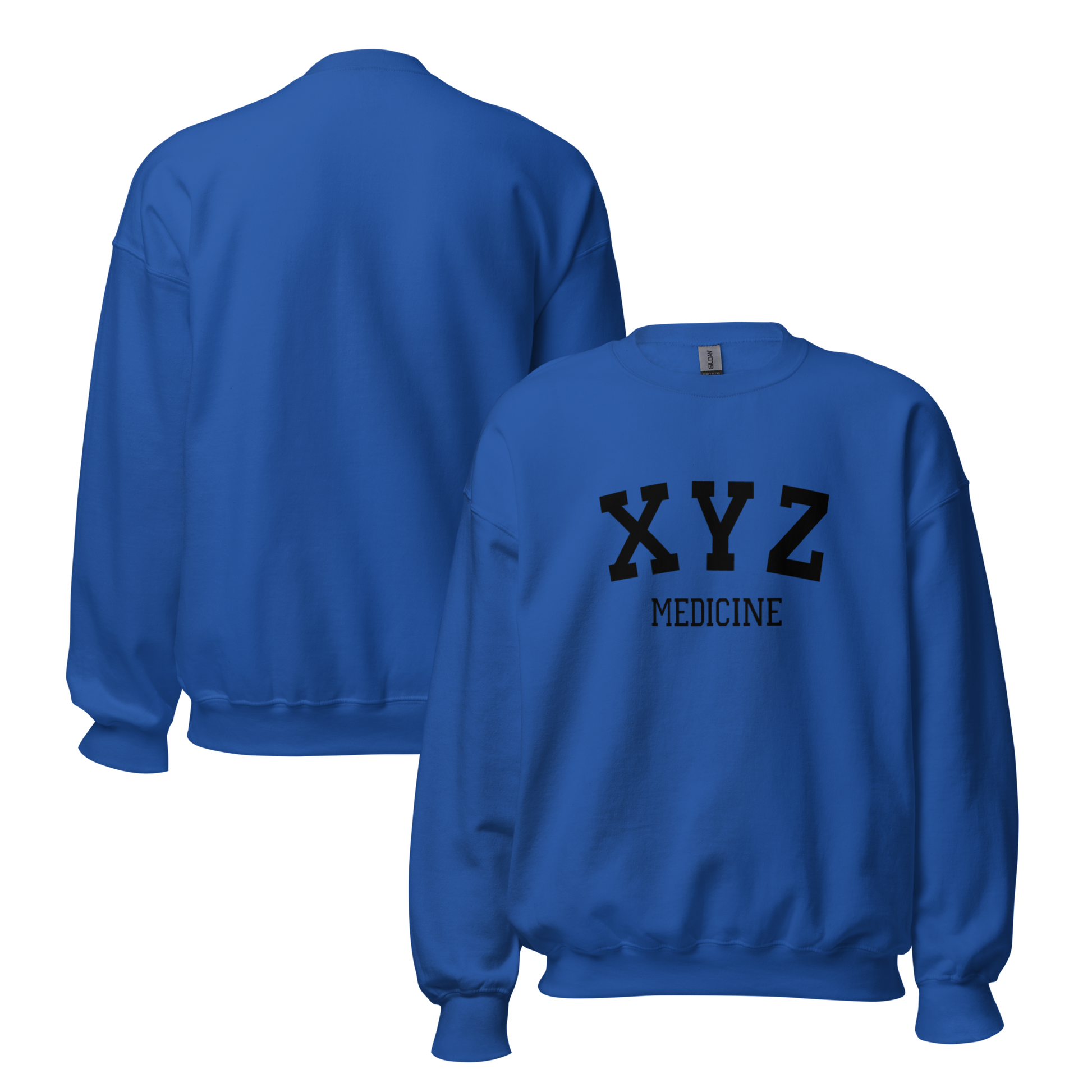 Blue sweatshirt with 'XYZ MEDICINE' text on a white background