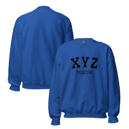 Blue sweatshirt with 'XYZ MEDICINE' text on a white background