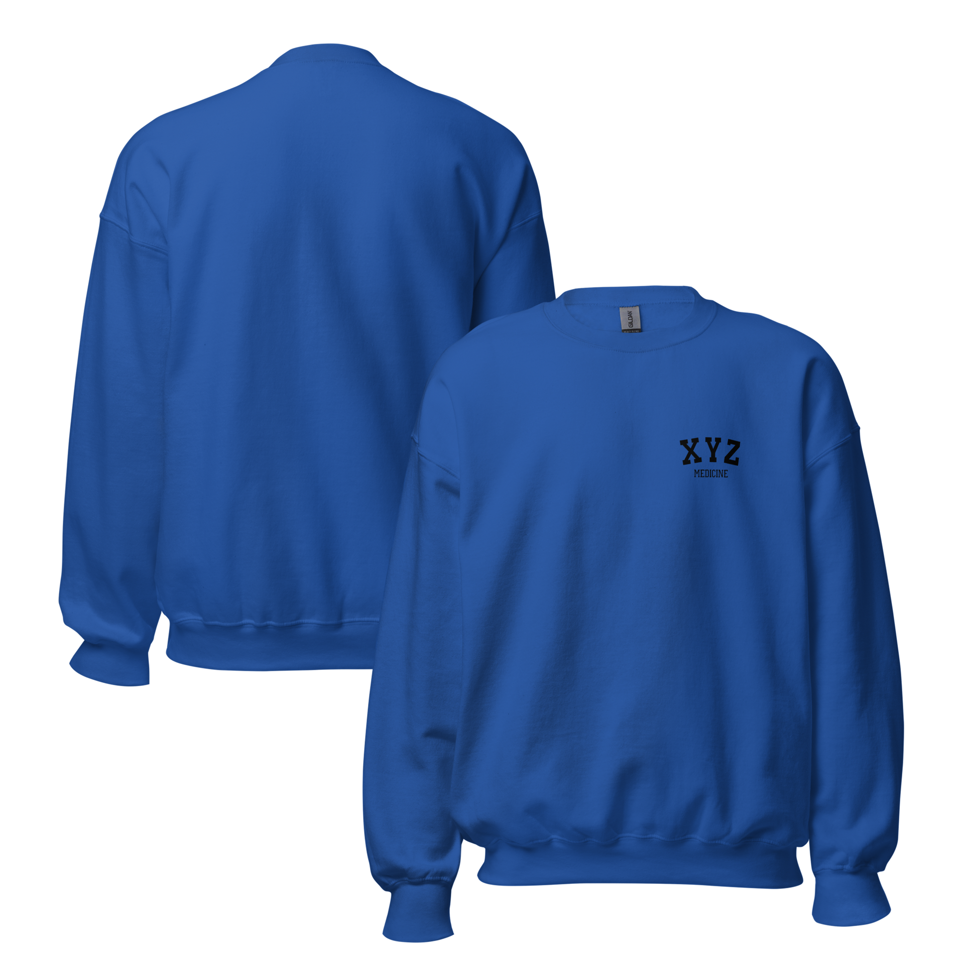 Blue sweatshirt with 'XYZ' logo on a white background