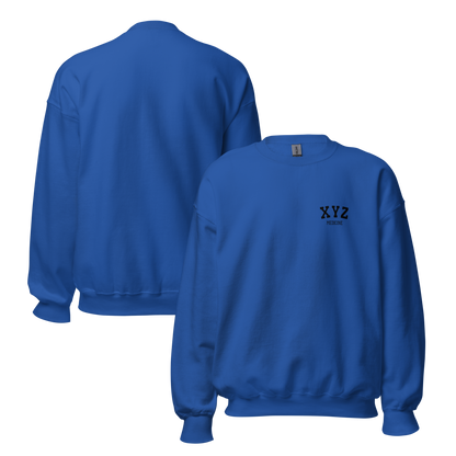 Blue sweatshirt with 'XYZ' logo on a white background
