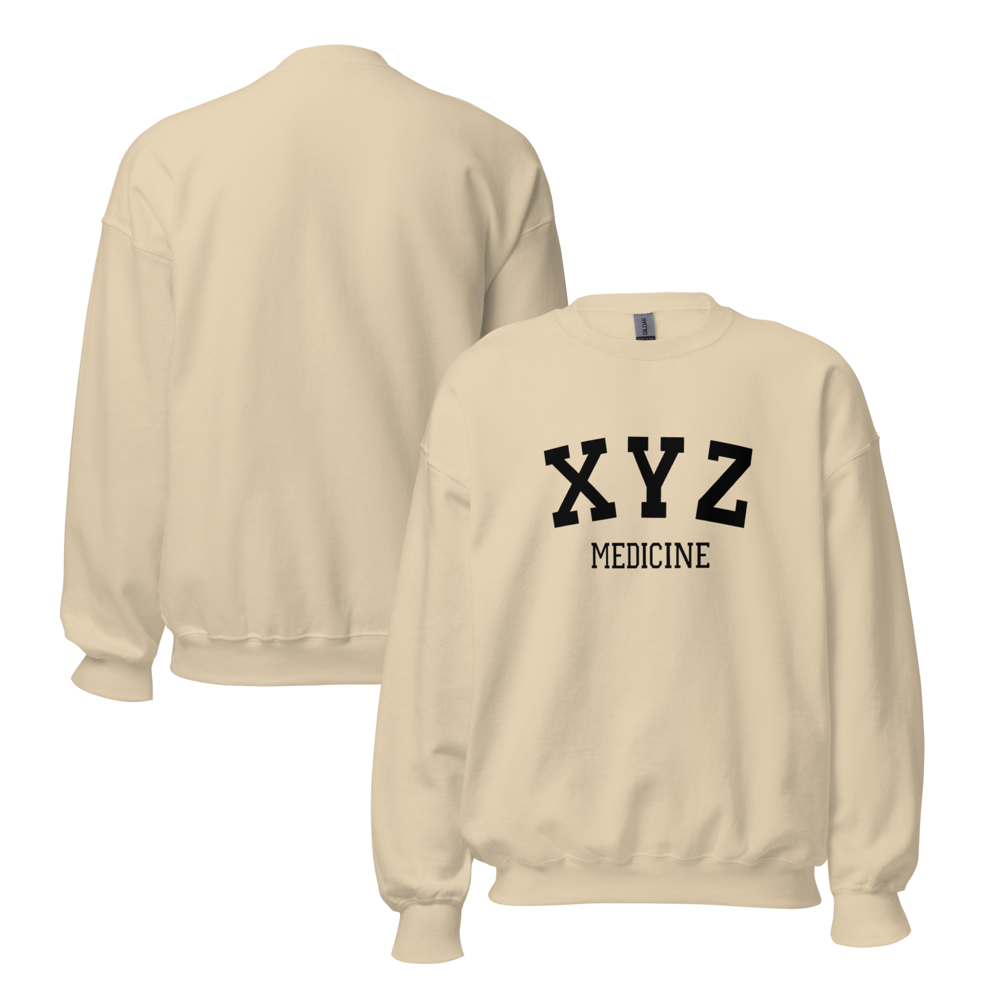 Beige sweatshirt with 'XYZ Medicine' text on a white background