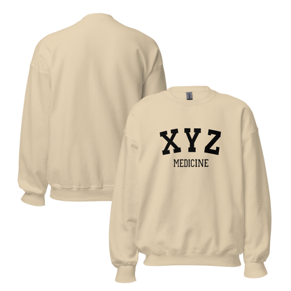 Beige sweatshirt with 'XYZ Medicine' text on a white background
