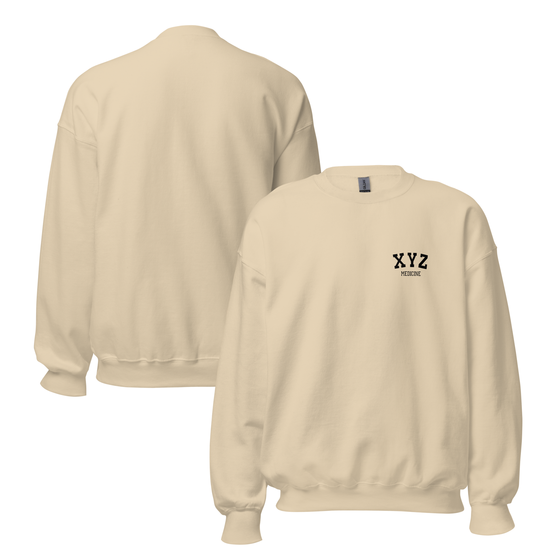 Beige sweatshirt with 'XYZ' logo on the back, shown from front and back views.