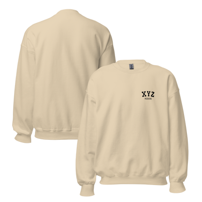 Beige sweatshirt with 'XYZ' logo on the back, shown from front and back views.