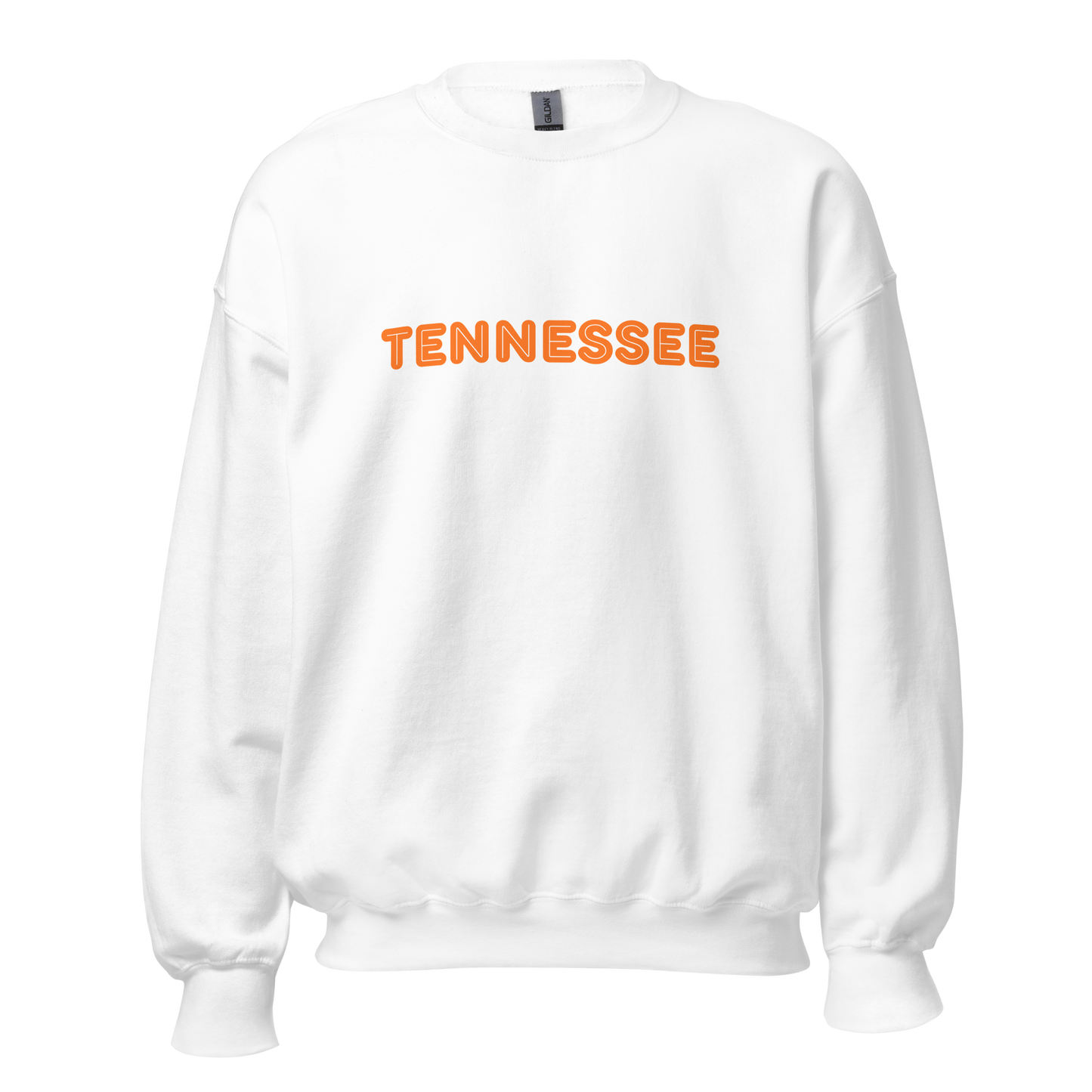 White sweatshirt with 'TENNESSEE' printed in orange on a white background