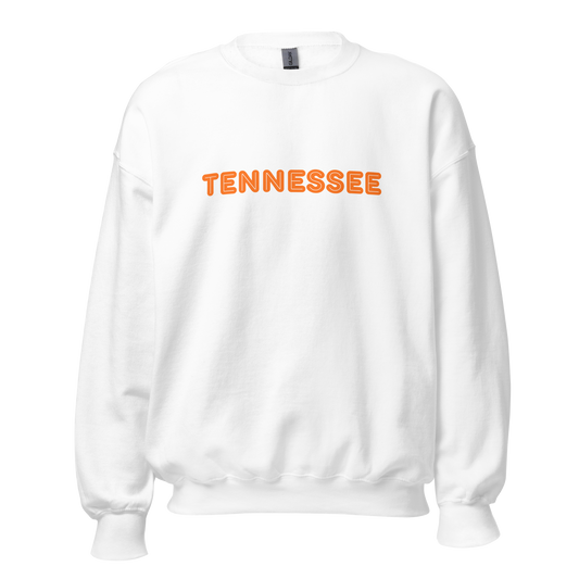 White sweatshirt with 'TENNESSEE' printed in orange on a white background
