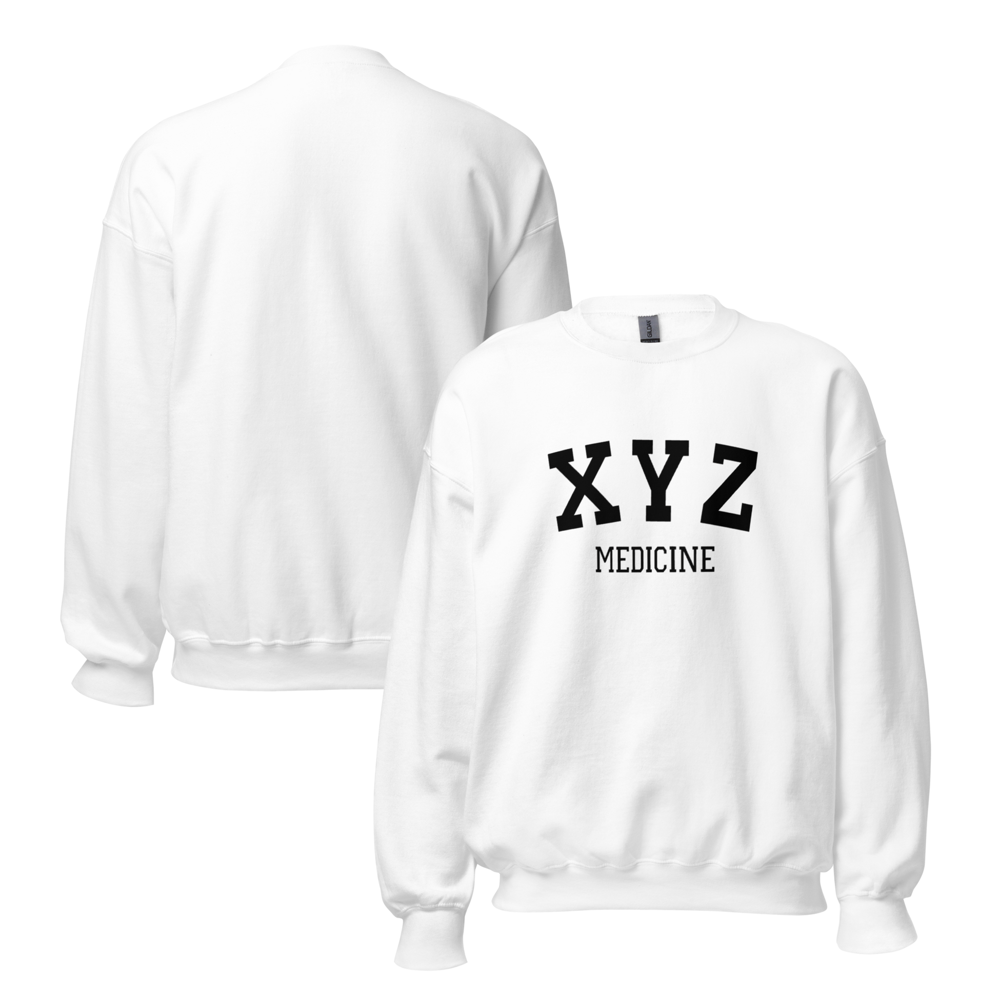 White sweatshirt with 'XYZ Medicine' text on a white background