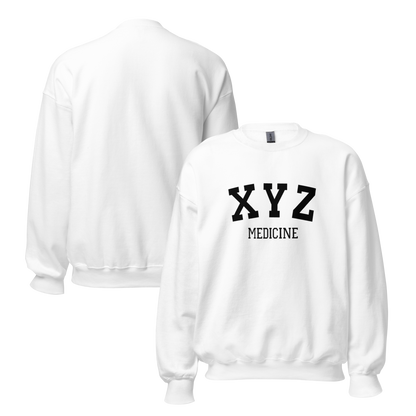 White sweatshirt with 'XYZ Medicine' text on a white background