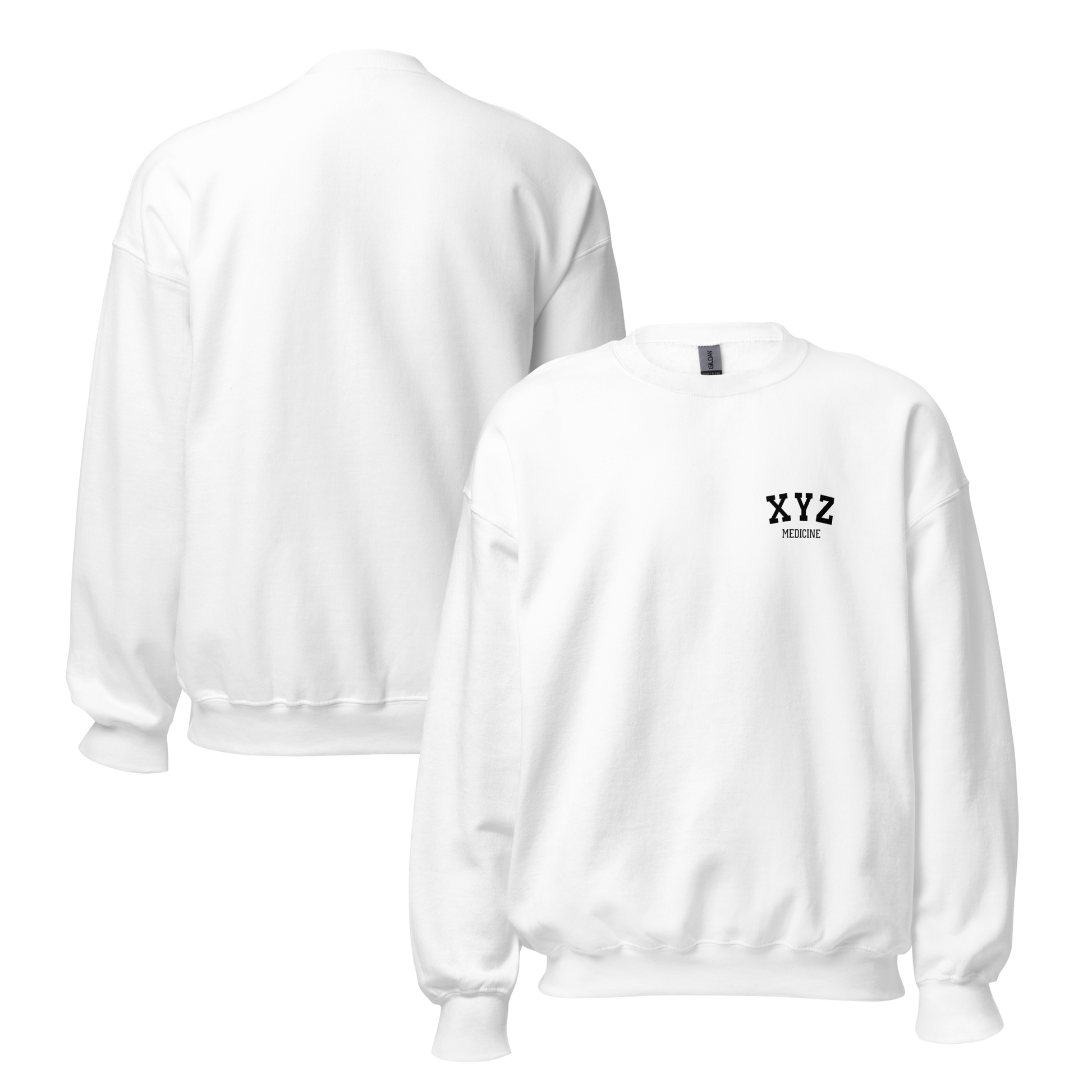 White sweatshirt with 'XYZ' logo on a white background