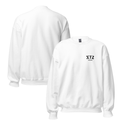 White sweatshirt with 'XYZ' logo on a white background