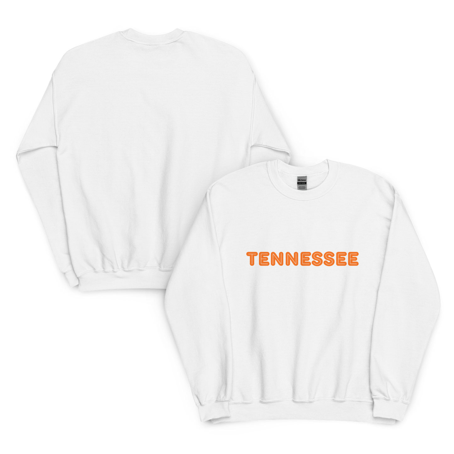 White sweatshirt with 'TENNESSEE' printed on it, shown from front and back views.