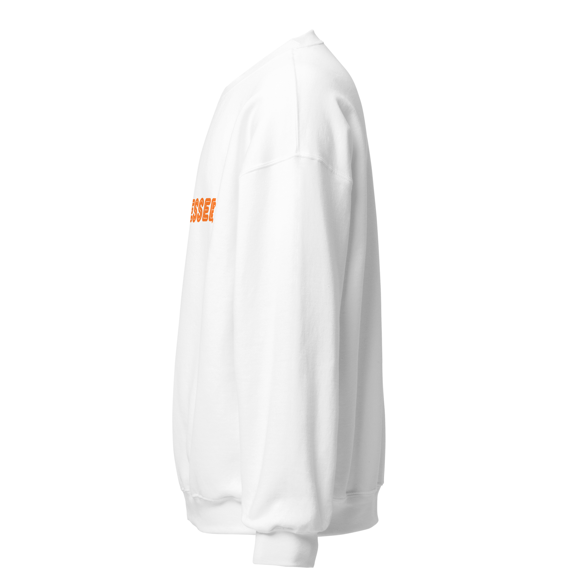 White sweatshirt with orange text on a white background