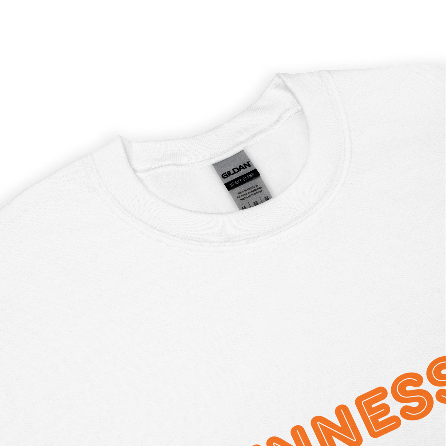 White t-shirt with orange text and a visible Gildan label on a white background