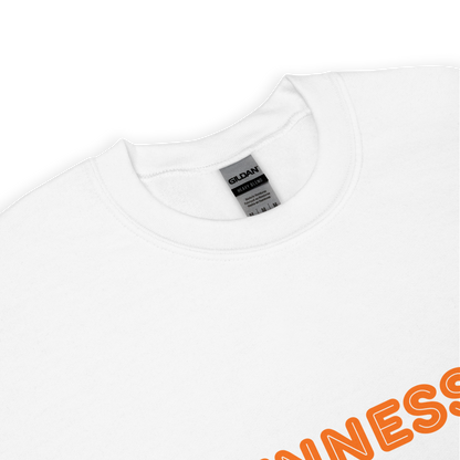 White t-shirt with orange text and a visible Gildan label on a white background