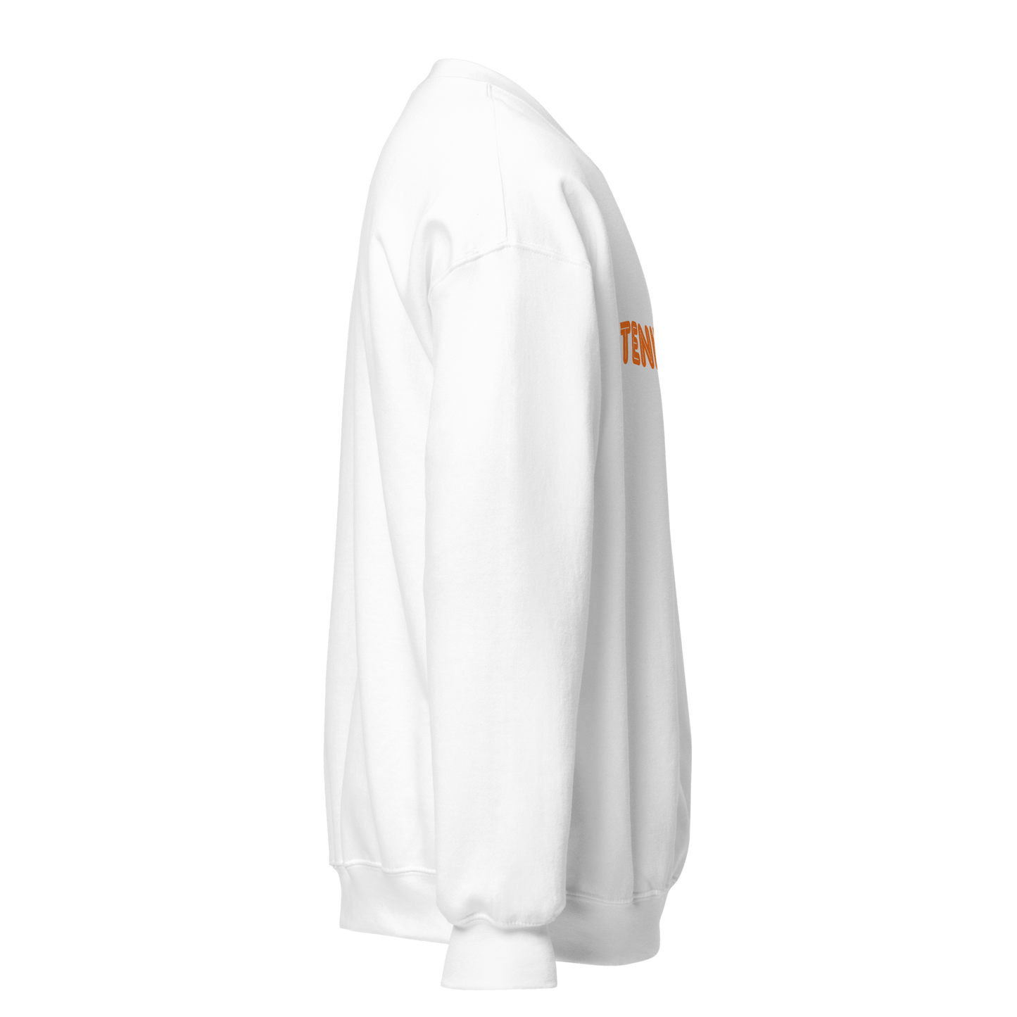 White sweatshirt with orange text on a white background