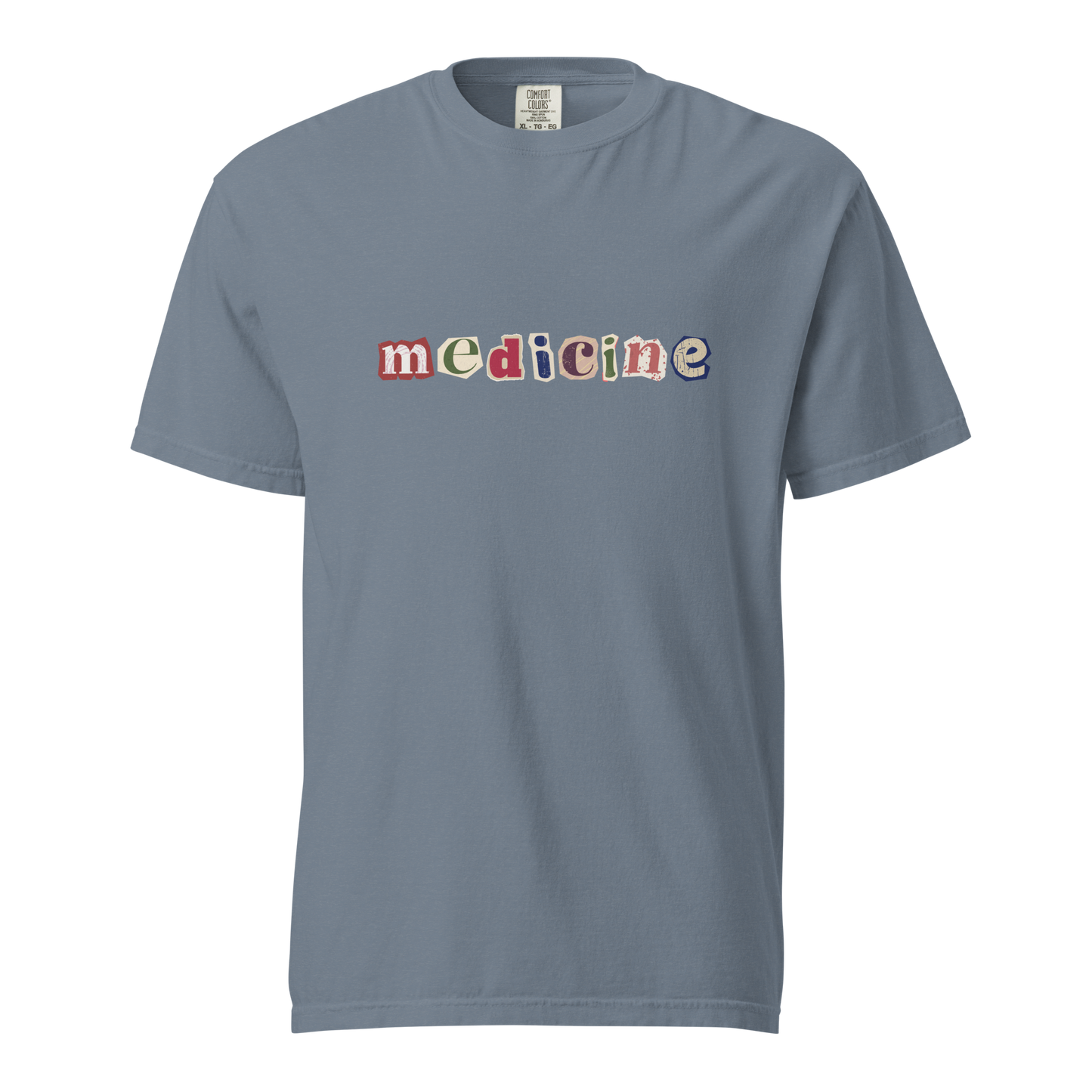 Gray t-shirt with 'medicine' printed in colorful letters on a white background