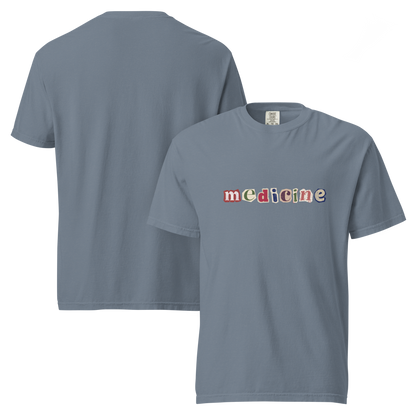 Gray t-shirt with 'medicine' text on a white background