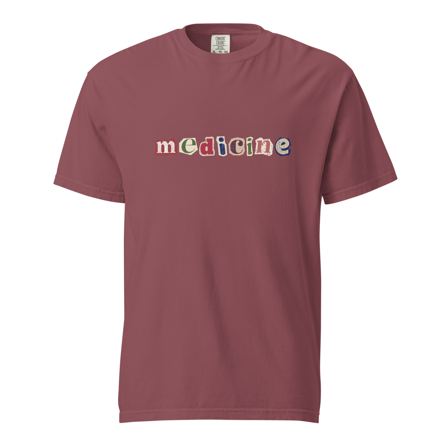 Maroon t-shirt with 'medicine' text in multicolor on a white background