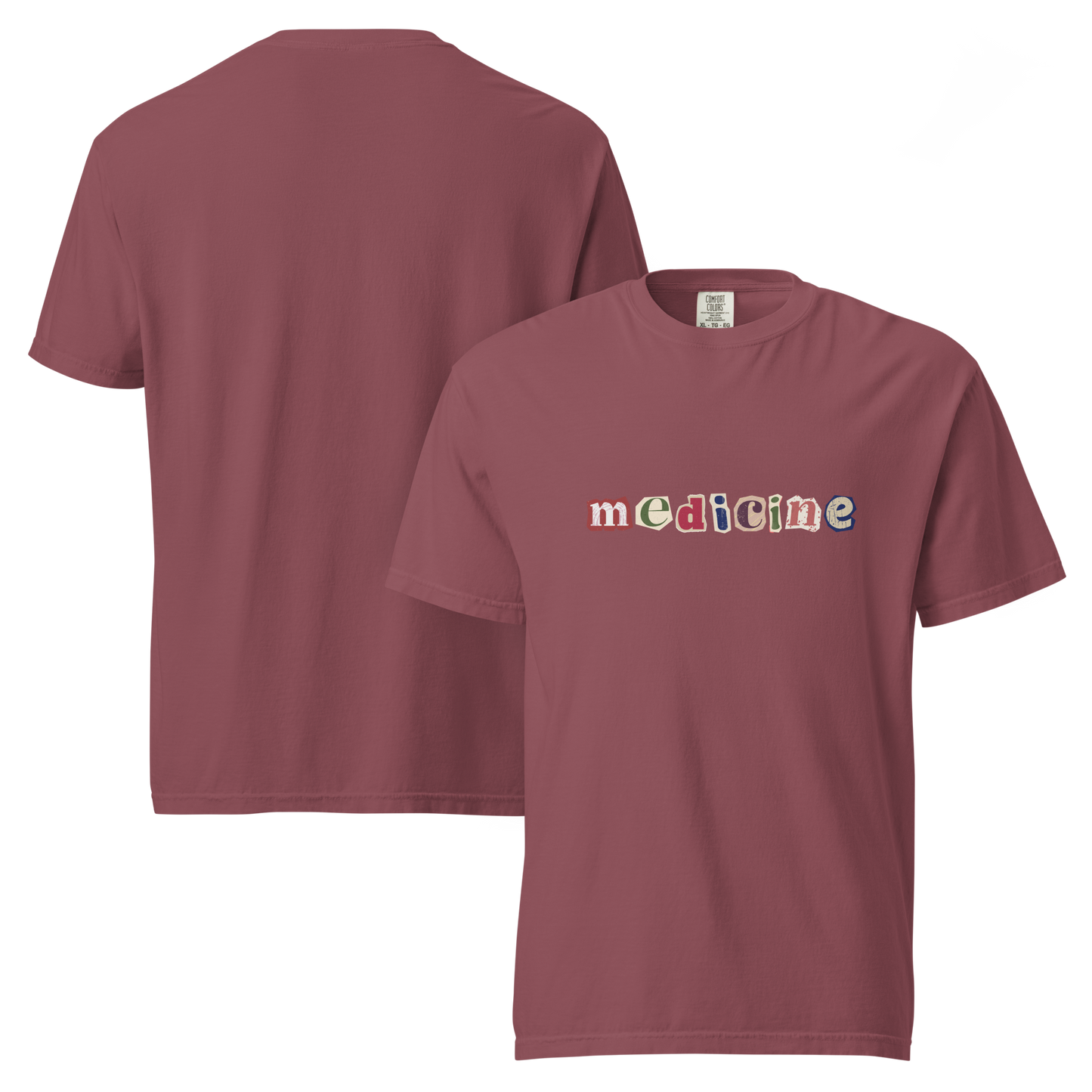 Maroon t-shirt with 'mediciné' text on a white background